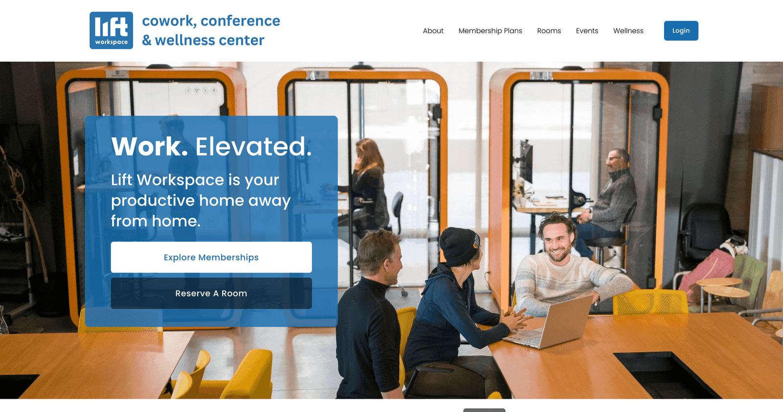 Lift Workspace homepage with people meeting beside phone booths