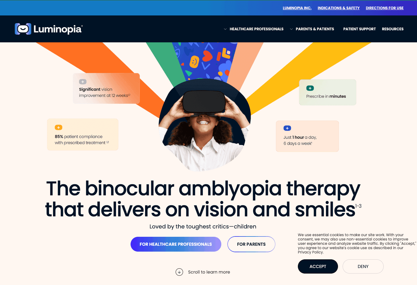 Luminopia parent homepage with a child wearing a VR headset for amblyopia therapy