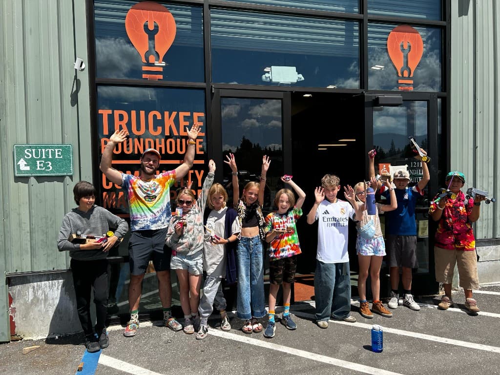 Campers and instructor outside Truckee Roundhouse after a Young Inventors maker camp session