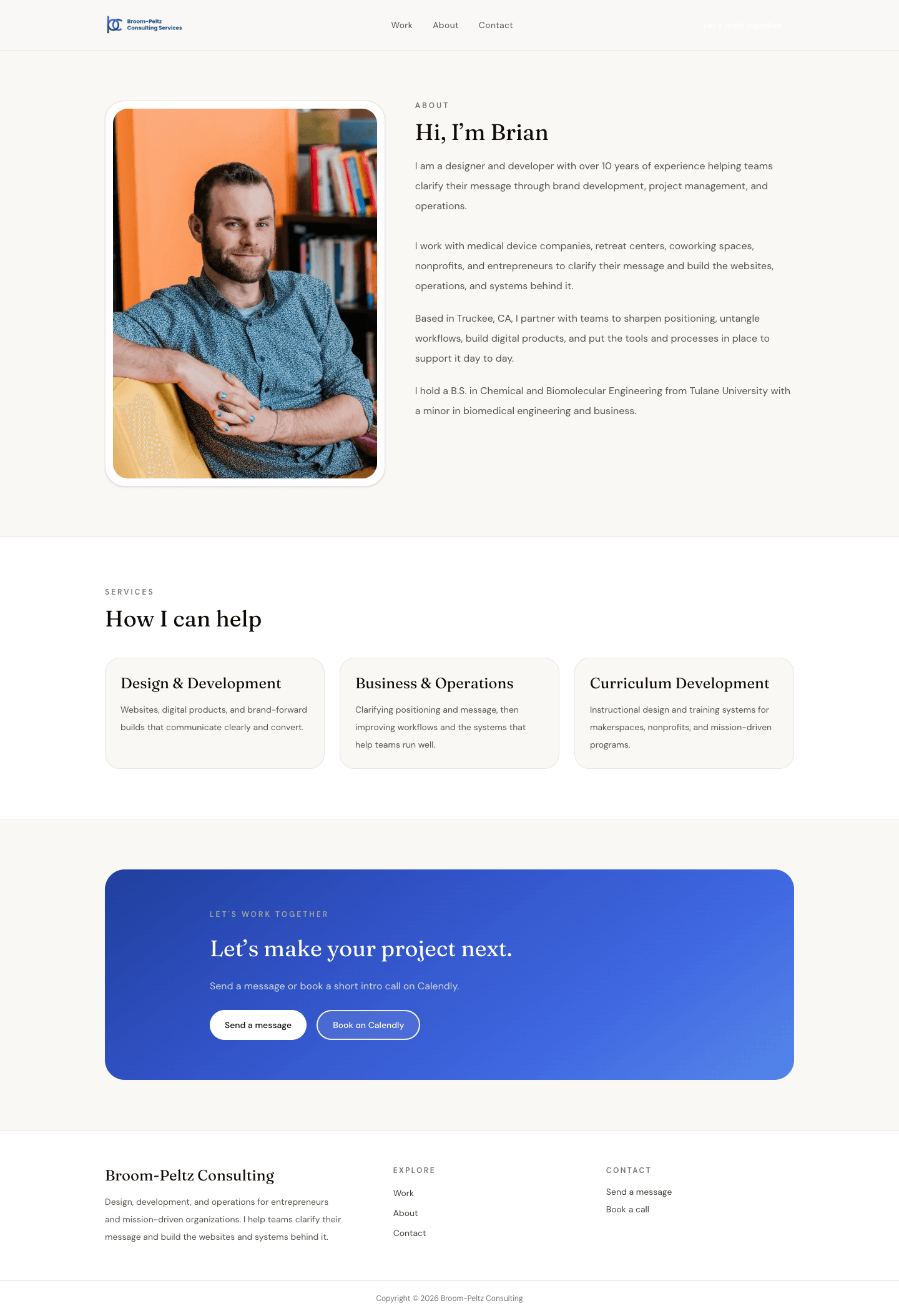 About page on the rebuilt Next.js Broom-Peltz Consulting site