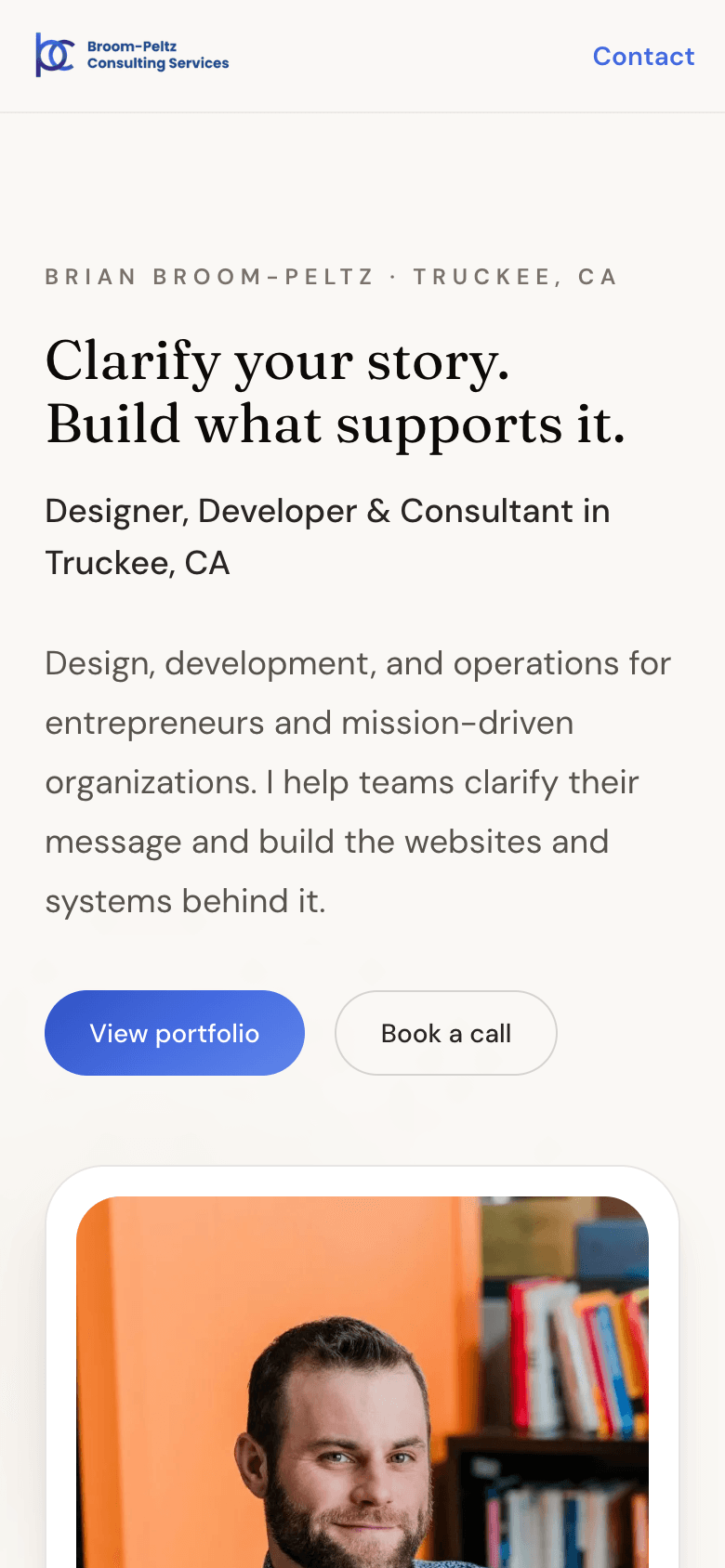 Rebuilt Broom-Peltz Consulting homepage on a mobile screen