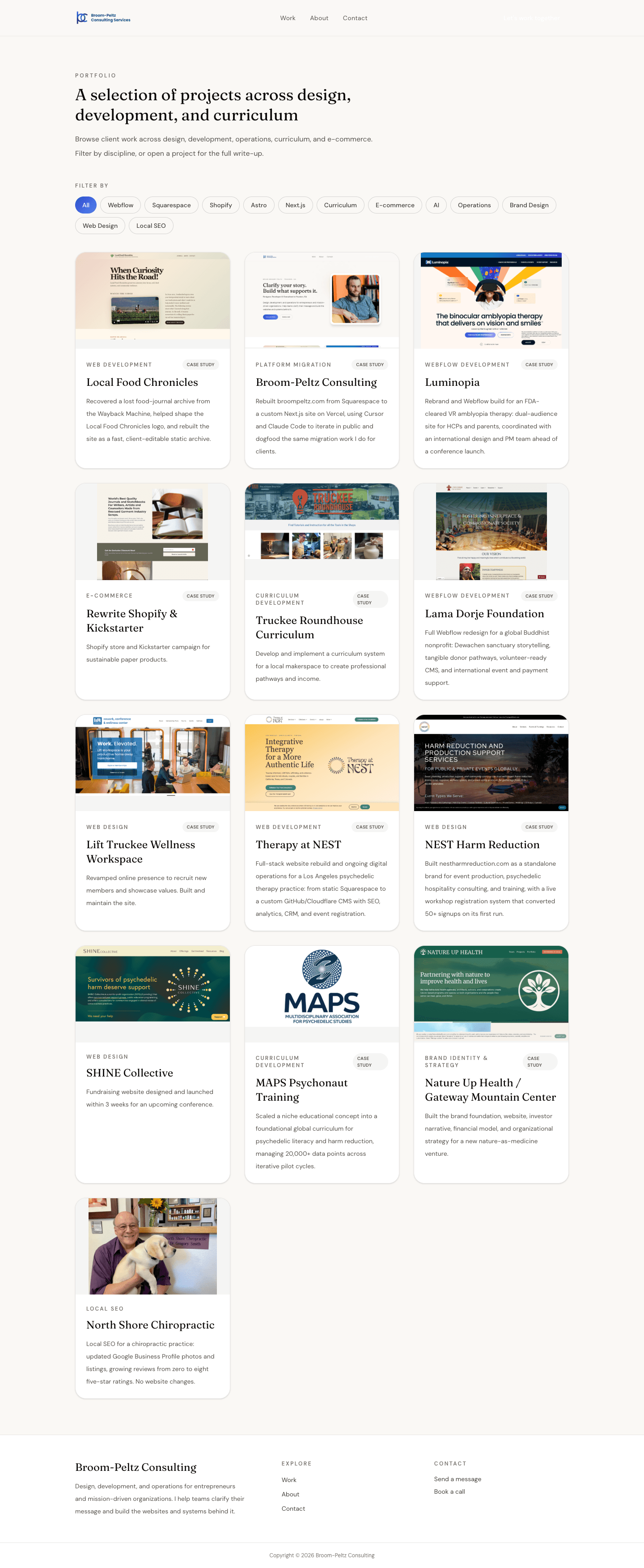 Work page on the rebuilt Next.js Broom-Peltz Consulting site