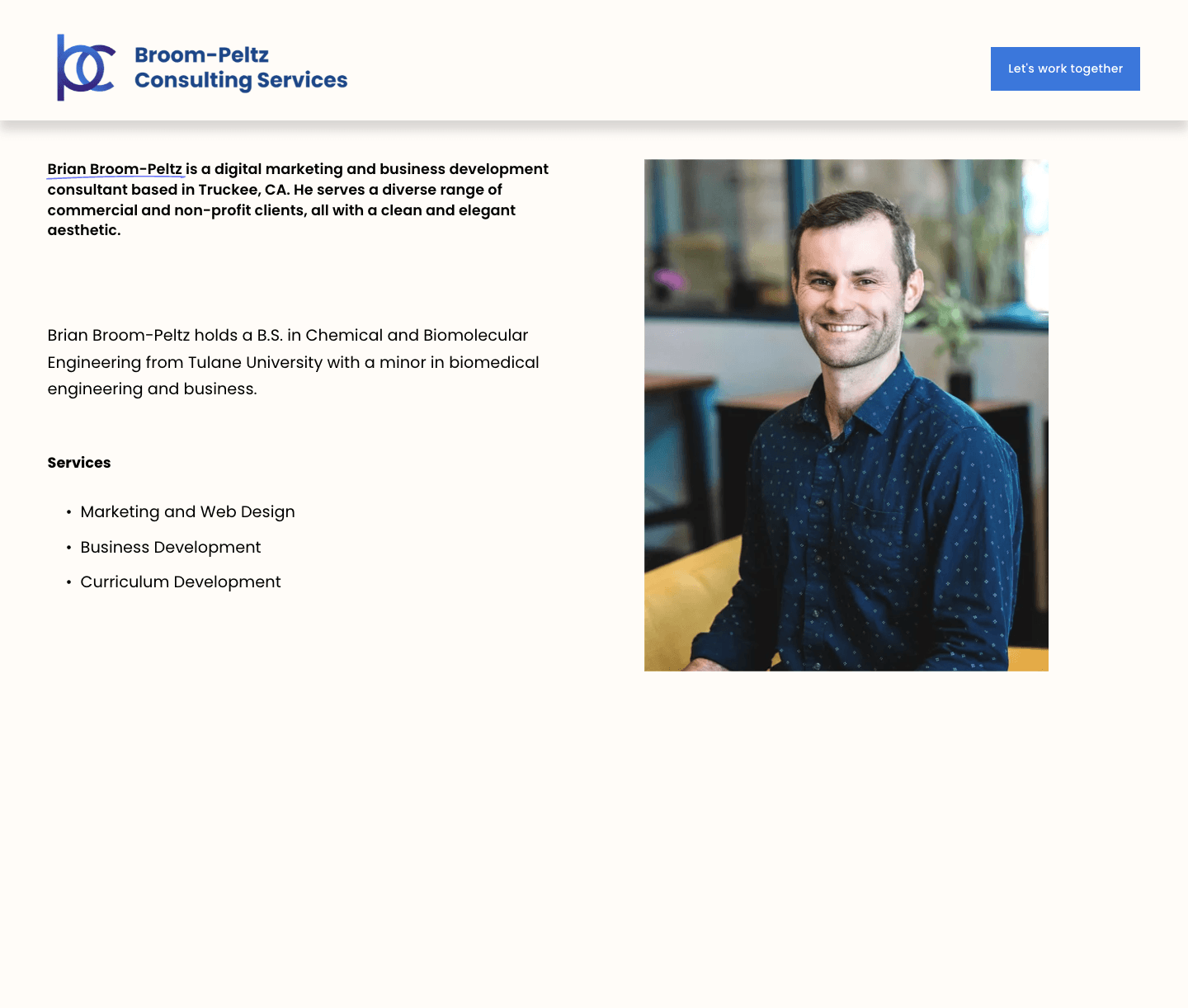 Squarespace about page before the Broom-Peltz Consulting rebuild