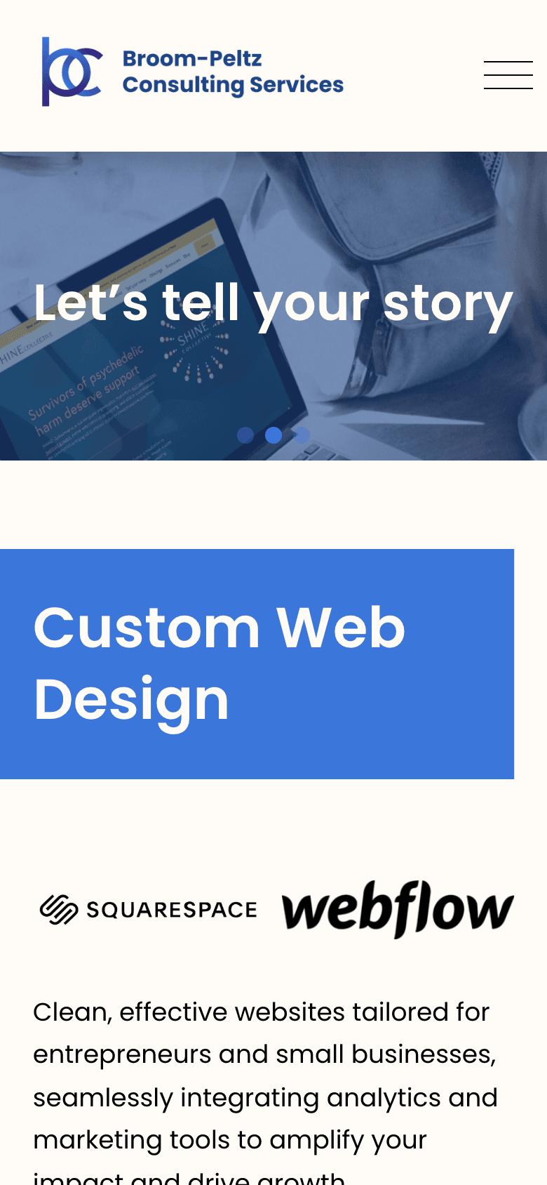 Squarespace homepage for Broom-Peltz Consulting on a mobile screen