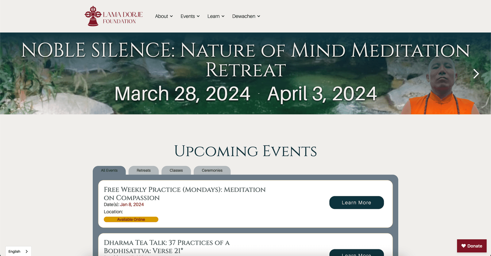 Upcoming events page featuring a Nature of Mind meditation retreat