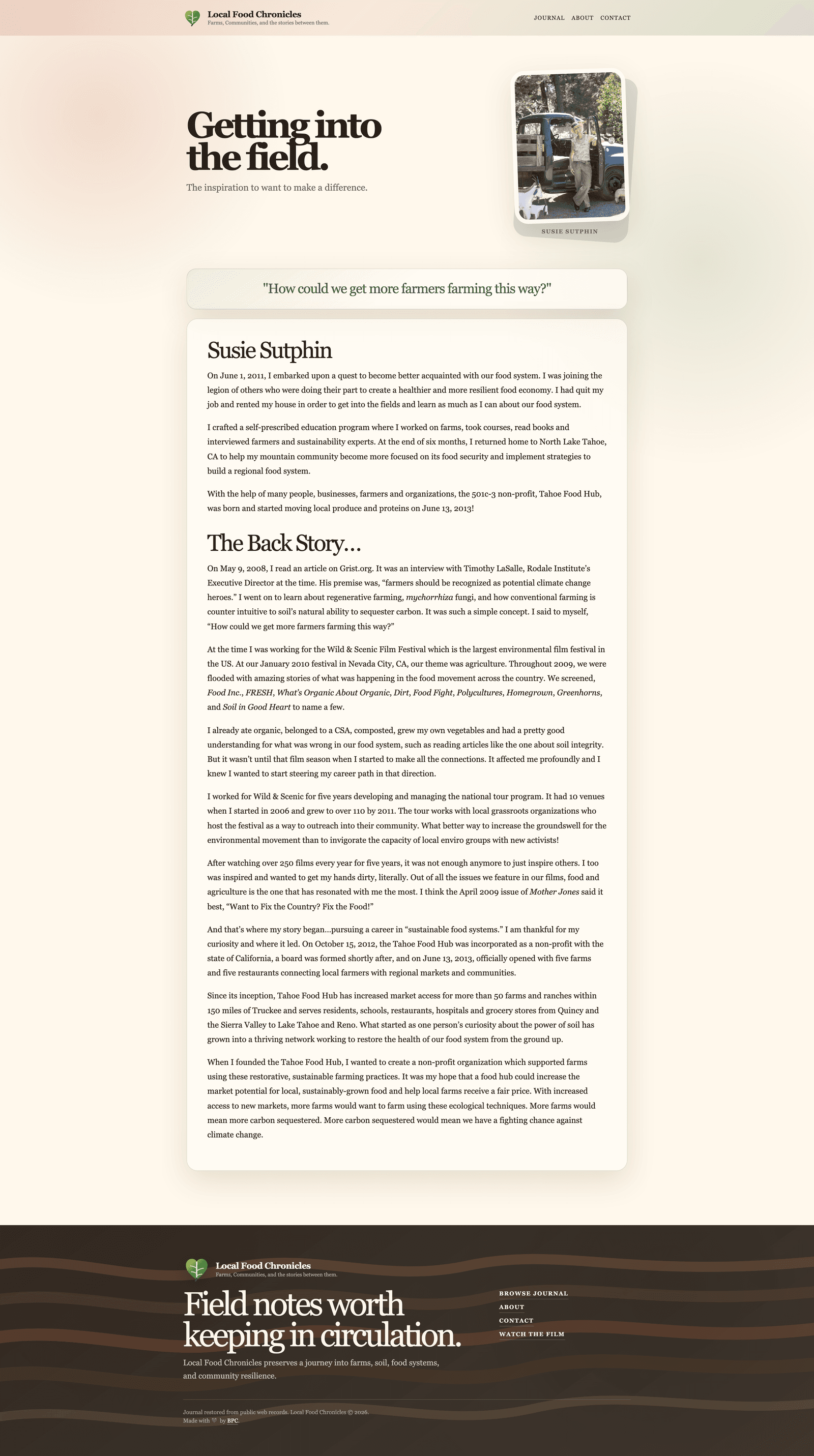 About page for Local Food Chronicles and founder Susie Sutphin