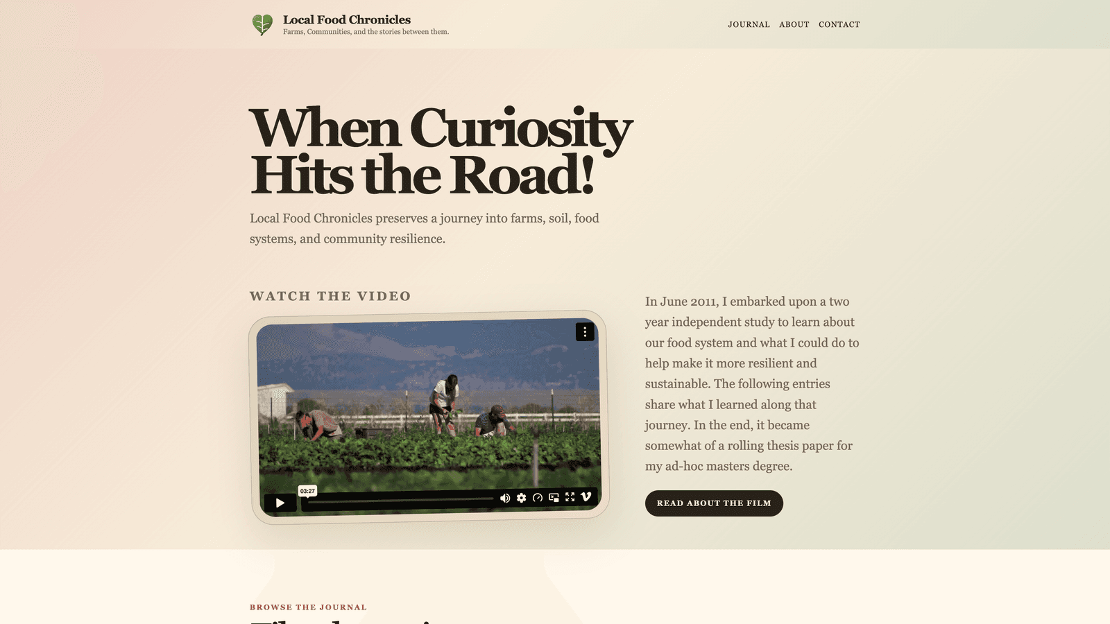 Local Food Chronicles homepage hero with journal photography and archive navigation