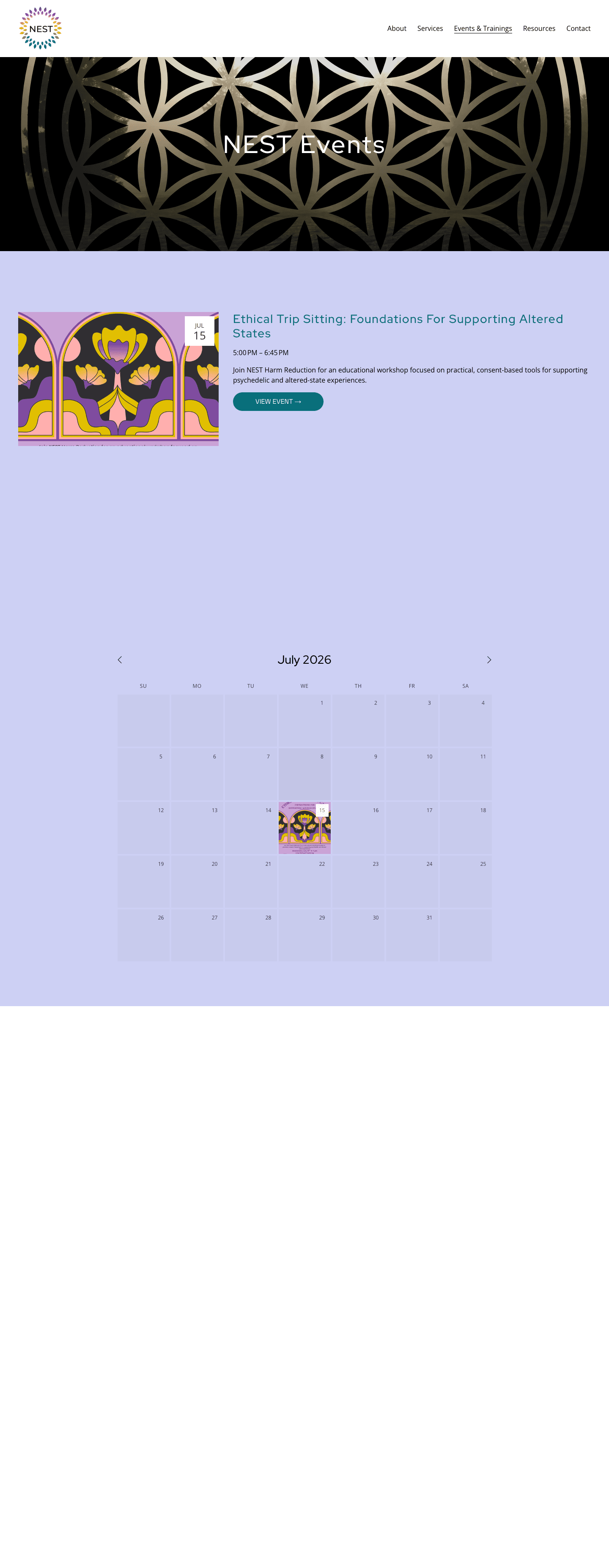 Events and trainings page with workshop registration on nestharmreduction.com