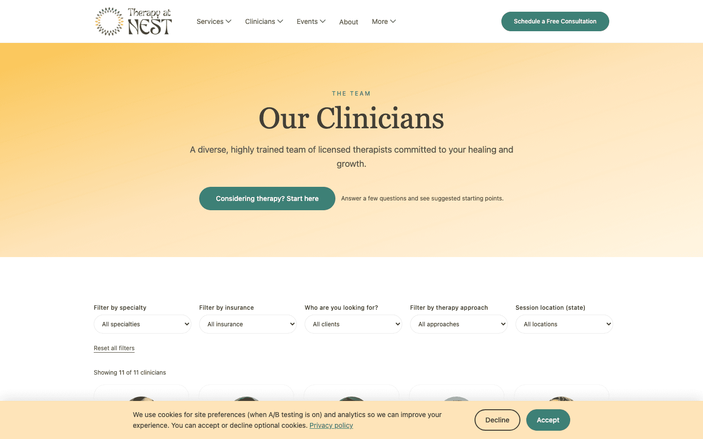 Clinicians page on the rebuilt Therapy at NEST site