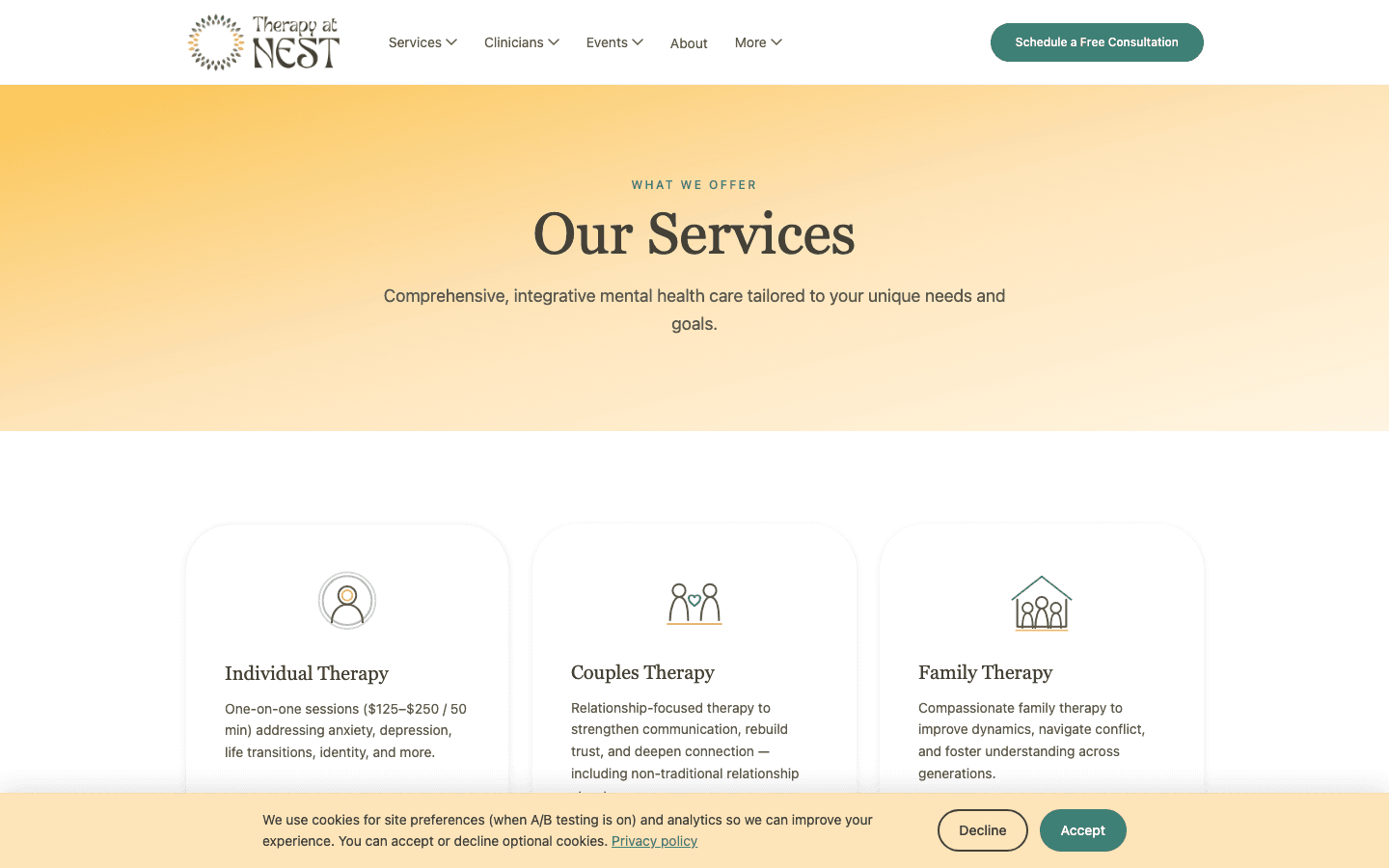 Services overview page on the rebuilt Therapy at NEST site