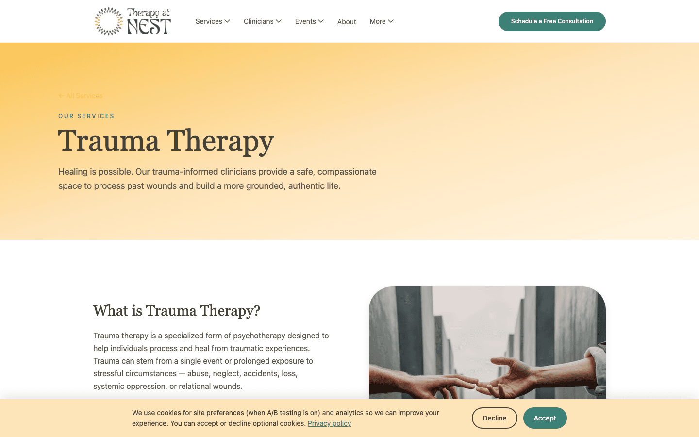Trauma therapy service page after the Therapy at NEST rebuild