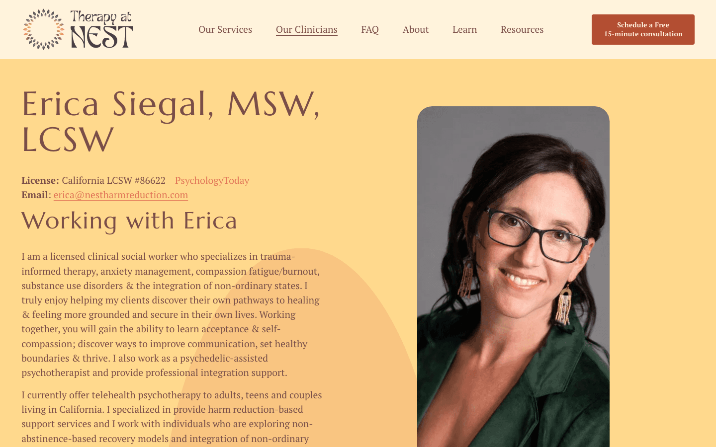 Clinicians page on the previous Therapy at NEST Squarespace site