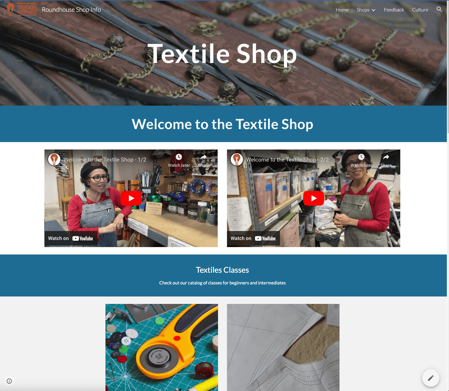 Textile Shop curriculum page with welcome videos and class photos