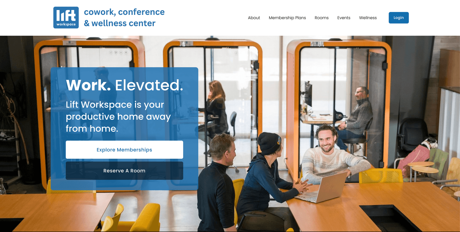 Current Lift Workspace homepage with membership and room-reservation calls to action