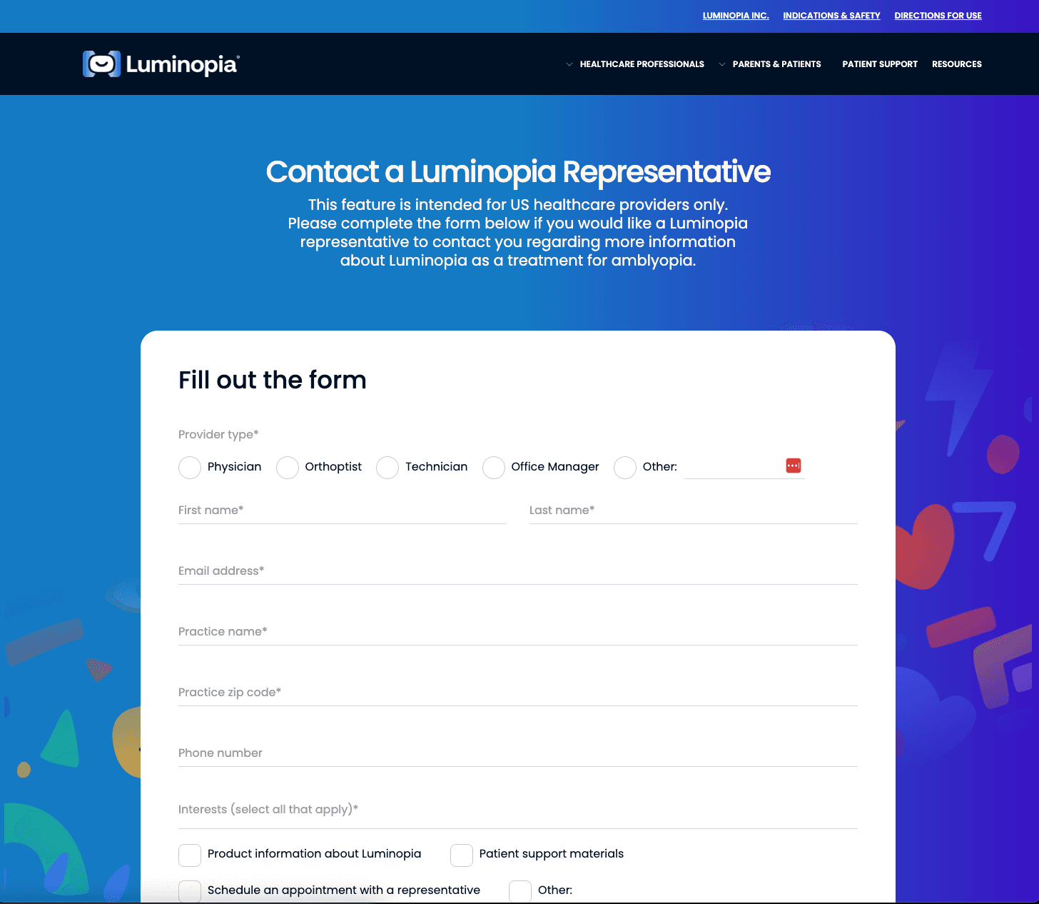 Contact a Luminopia representative form for US healthcare providers