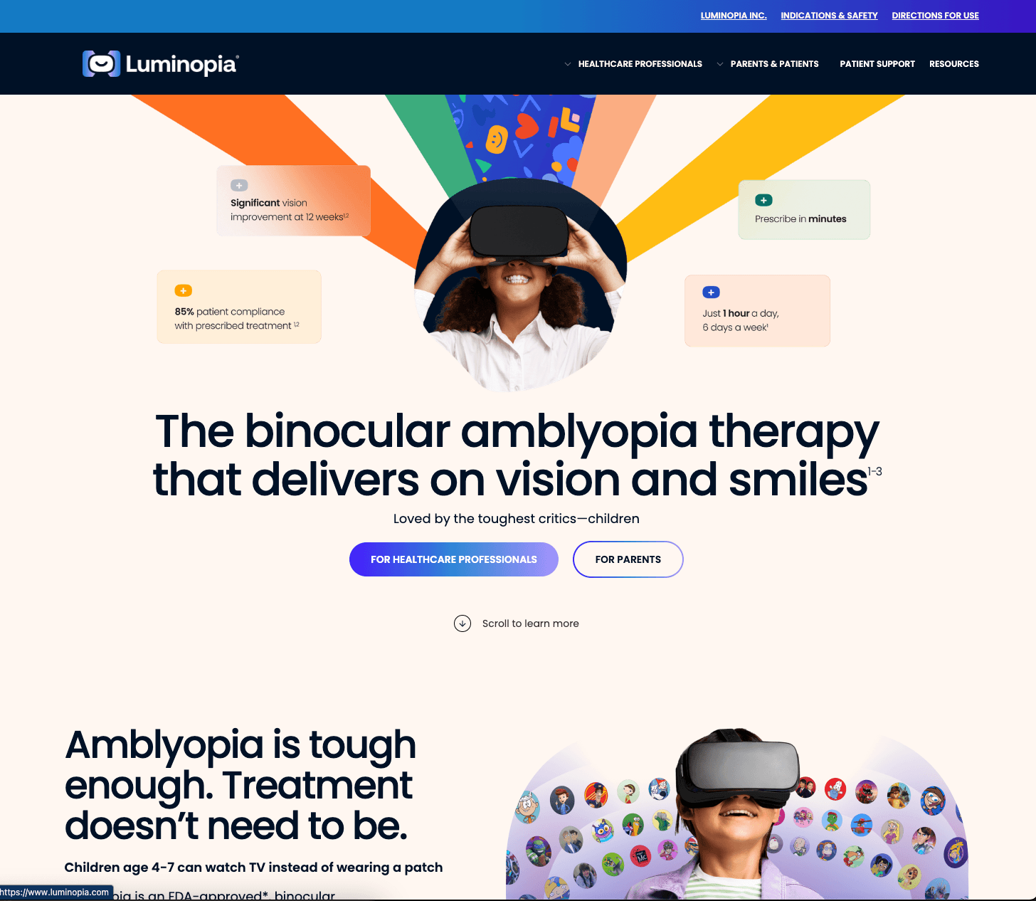 Luminopia parent homepage with dual CTAs for healthcare professionals and parents