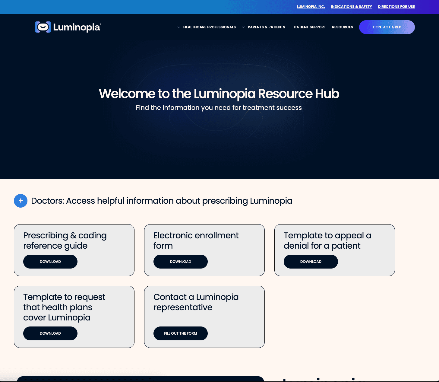 Luminopia Resource Hub with prescriber download cards for coding, enrollment, and appeals