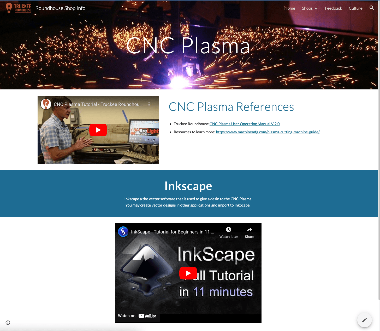 CNC Plasma curriculum page with operating-manual links and Inkscape tutorial