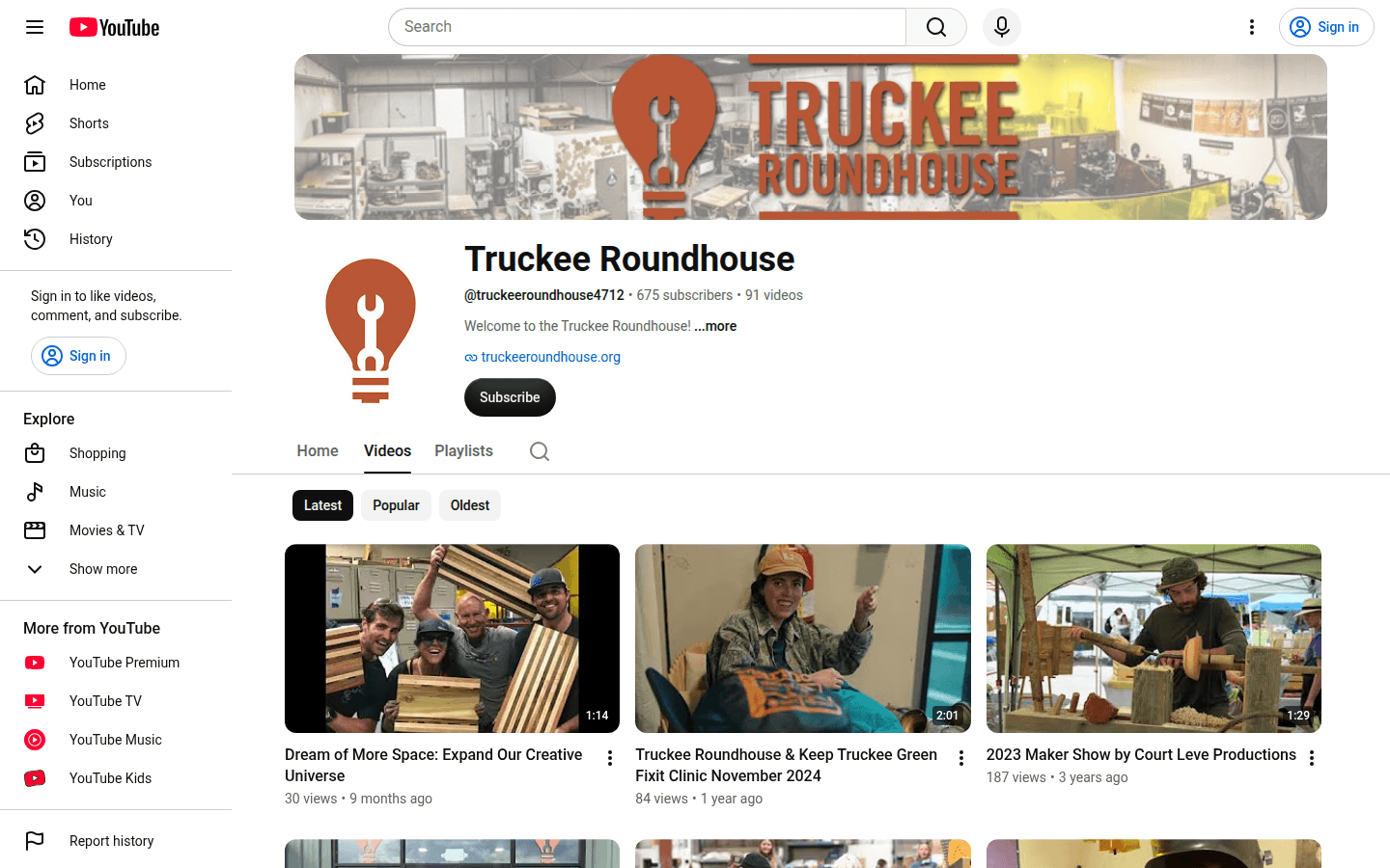 Truckee Roundhouse YouTube videos tab listing equipment training clips
