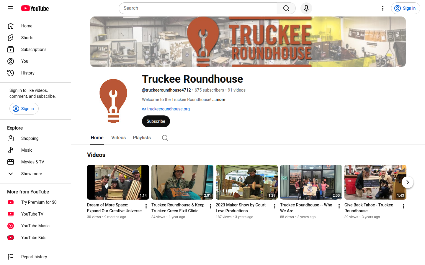 Truckee Roundhouse Curriculum: youtube channel home